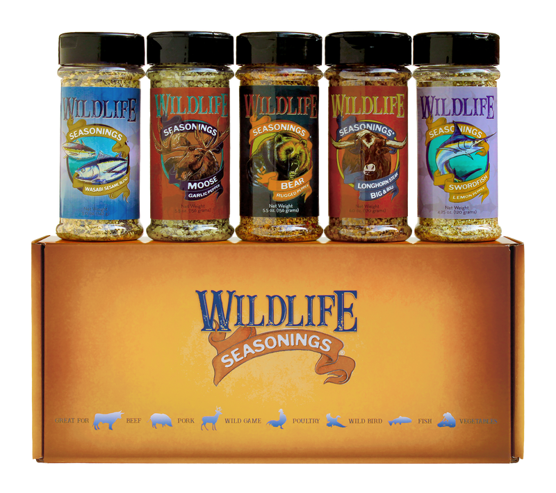 Wildlife Seasonings Buckshot 5-Pack Gift Set box with its five bottles standing on top