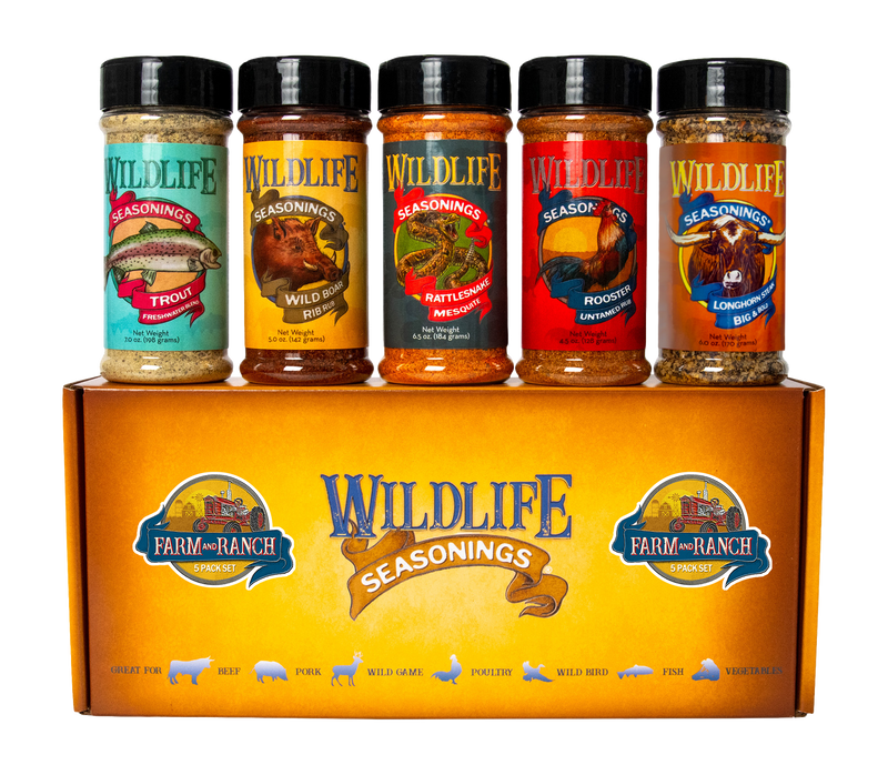 Wildlife Seasonings Farm and Ranch 5-Pack Gift Set box with Trout, Wild Boar Rib, Rattlesnake Mesquite, Rooster Untamed and Longhorn Beef bottles displayed on top