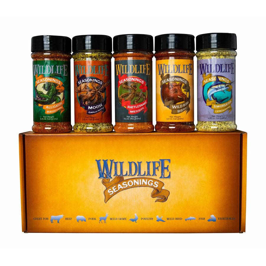 The Original 5-Pack Gift Set by Wildlife Seasonings. If you're looking to season beef, pork, poultry or fish, this pack has it all. Reward yourself or your friends and family with a feast no matter what season it is. Includes; Alligator Bayou Cajun, Moose Garlic Pepper, Rattlesnake Mesquite, Wild Boar Rib Rub and Swordfish Lemon Pepper