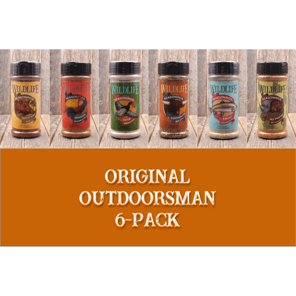 The Outdoorsman 6-Pack by Wildlife Seasonings. This 6-Pack assortment box allows you to experience a wide array of Wildlife Seasonings. Perfect for any outdoorsman who knows their way around the grill. Includes; Wild Boar Rib Rub, Rooster Untamed Rub, Duck Marinade, Longhorn Steak Big & Bold, Trout Freshwater Blend and All Purpose Southern Blend