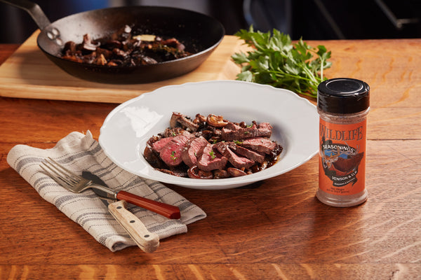 Pan-Seared Venison Backstrap with Thyme-Roasted Mushrooms