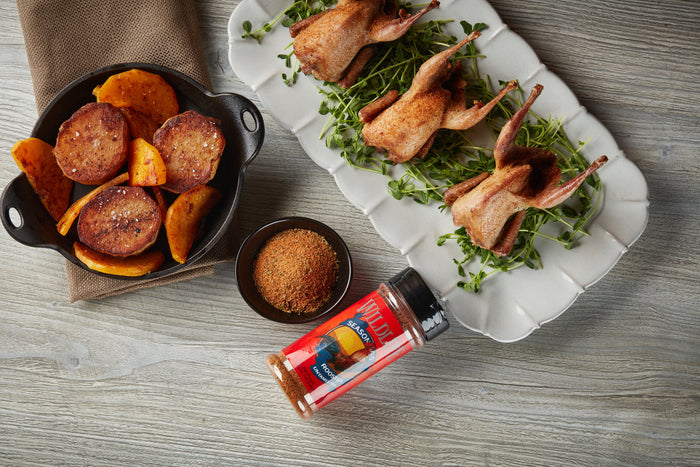 Grilled Rooster-Seasoned Quail with Fondant Potatoes and Wild Greens