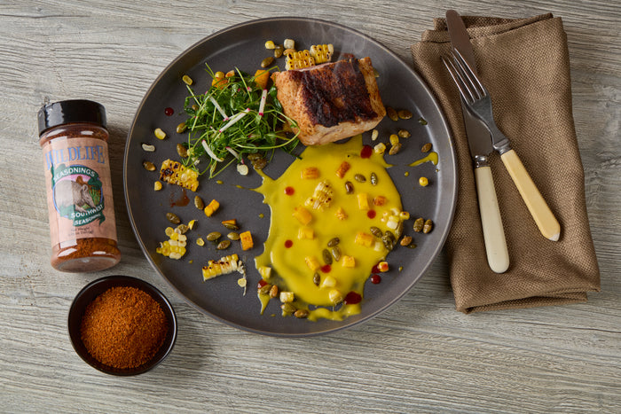 Southwest Pork Loin with Mango Sauce, Charred Corn, and Pepitas