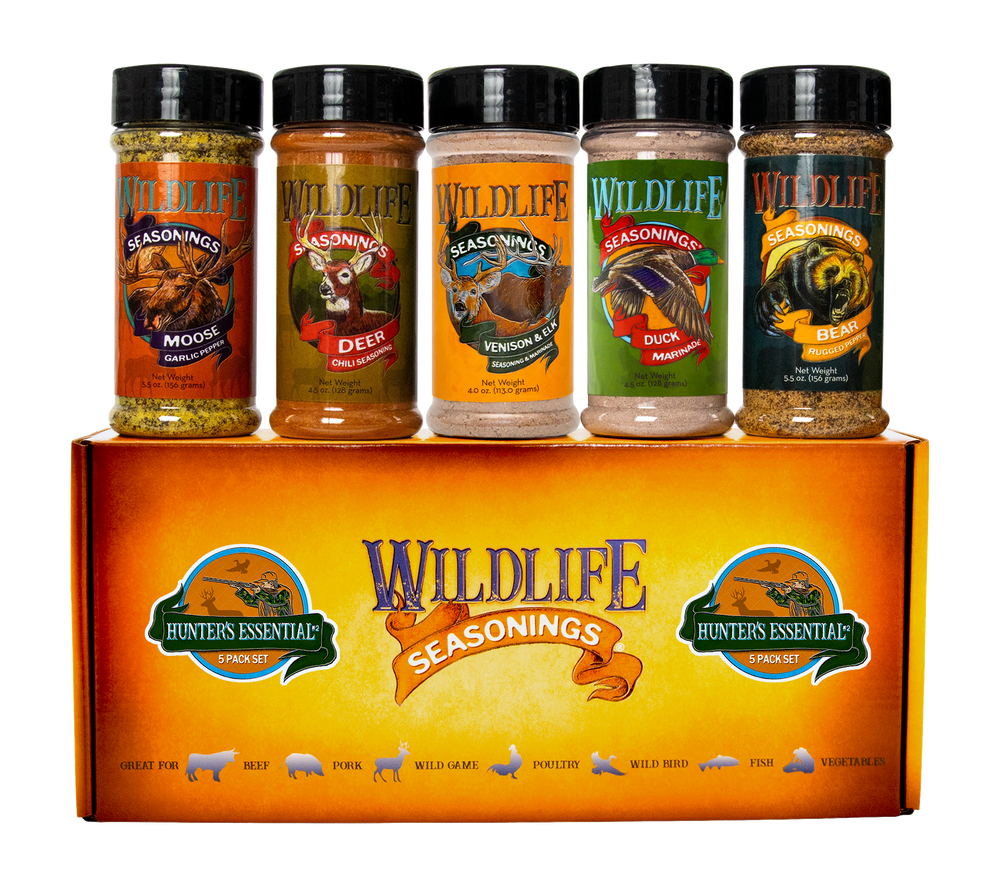 Wildlife Seasonings Hunter's Essential 5-Pack Gift Set box, assortment two, with Moose, Deer Chili, Venison & Elk, Duck and Bear bottles on top