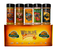 Wildlife Seasonings Hunter's Essential 5-Pack Gift Set box, assortment two, with Moose, Deer Chili, Venison & Elk, Duck and Bear bottles on top