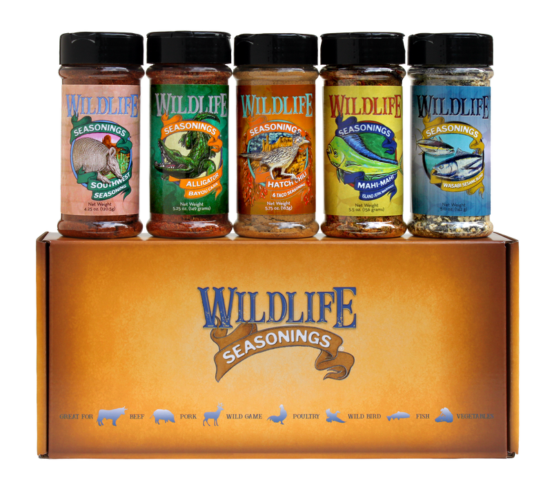 Wildlife Seasonings Southbound 5-Pack Gift Set box with its five bottles standing on top