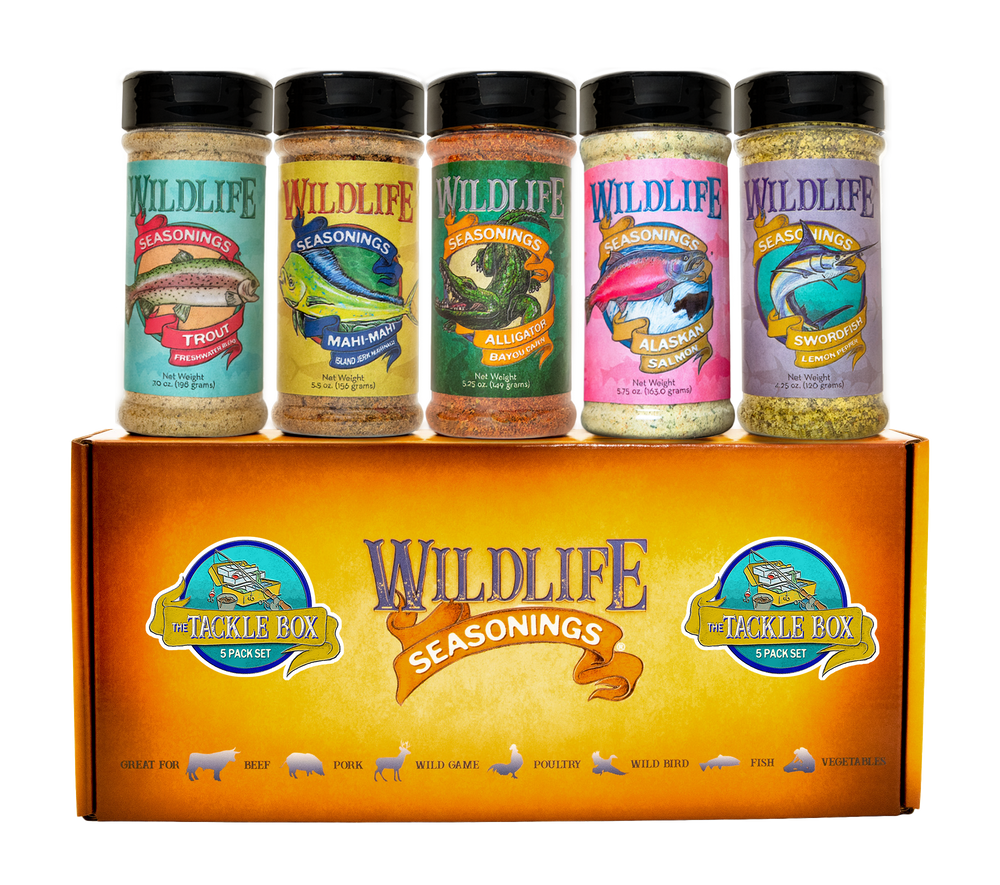 Wildlife Seasonings Tackle Box 5-Pack Gift Set box with its five fish seasoning bottles standing on top