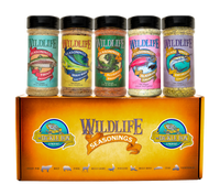 Wildlife Seasonings Tackle Box 5-Pack Gift Set box with its five fish seasoning bottles standing on top