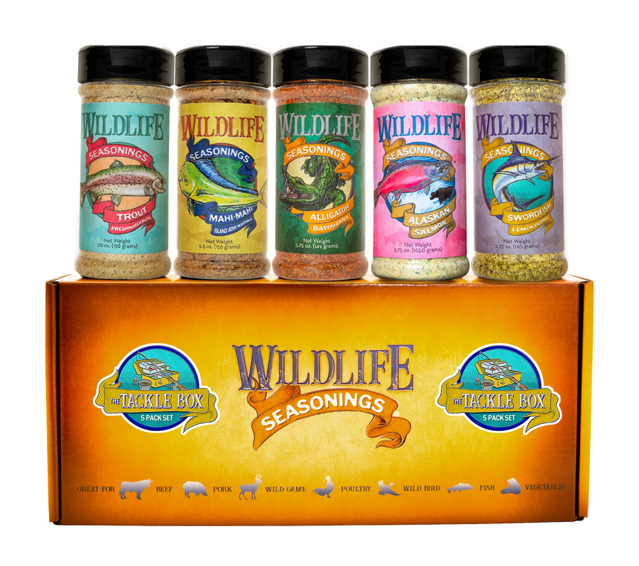 Wildlife Seasonings Tackle Box 5-Pack Gift Set box with its five fish seasoning bottles standing on top