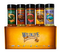 Wildlife Seasonings The Original 5-Pack Gift Set box with five bottles standing on top, on a white background