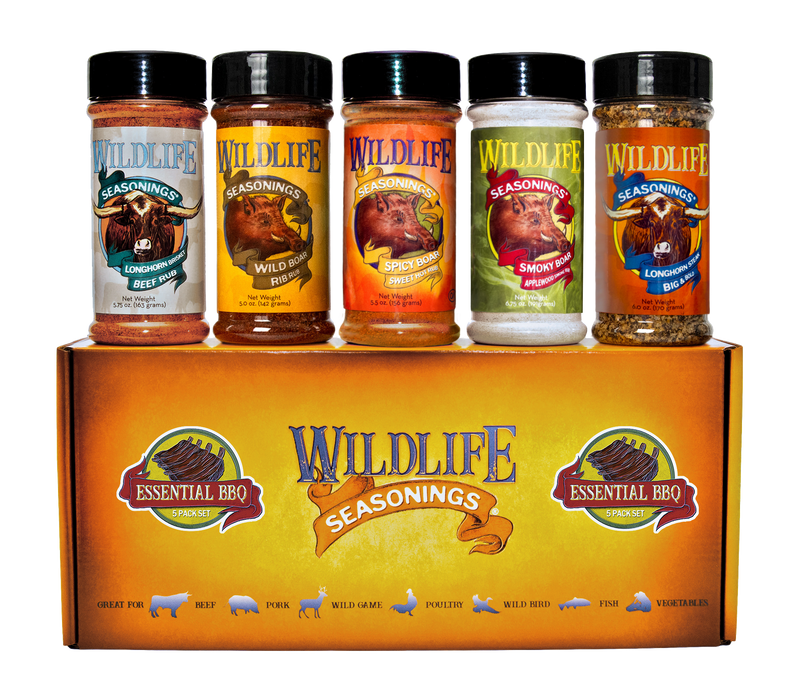 Wildlife Seasonings Essential BBQ 5-Pack Gift Set box with Longhorn Brisket, Wild Boar Rib, Spicy Boar, Smoky Boar and Longhorn Steak bottles displayed on top