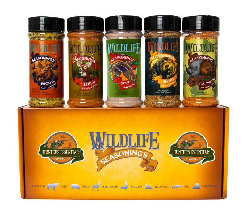 Wildlife Seasonings Hunter's Essential 5-Pack Gift Set box with Moose, Deer, Duck, Bear and All Purpose Southern bottles displayed on top