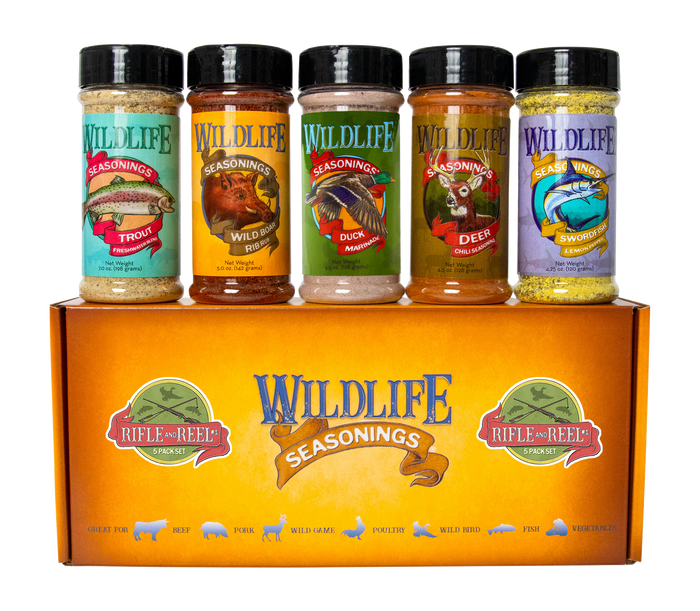 Wildlife Seasonings Rifle and Reel 5-Pack Gift Set box with Trout, Wild Boar Rib, Duck, Deer and Swordfish bottles displayed on top