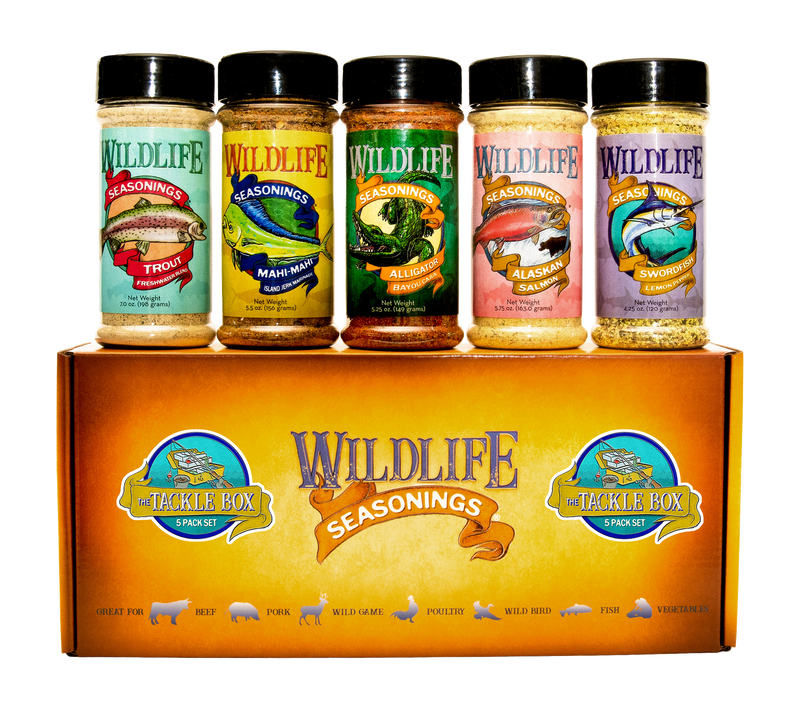 Wildlife Seasonings The Tackle Box 5-Pack Gift Set with Trout, Mahi-Mahi, Alligator, Alaskan Salmon and Swordfish bottles displayed on top